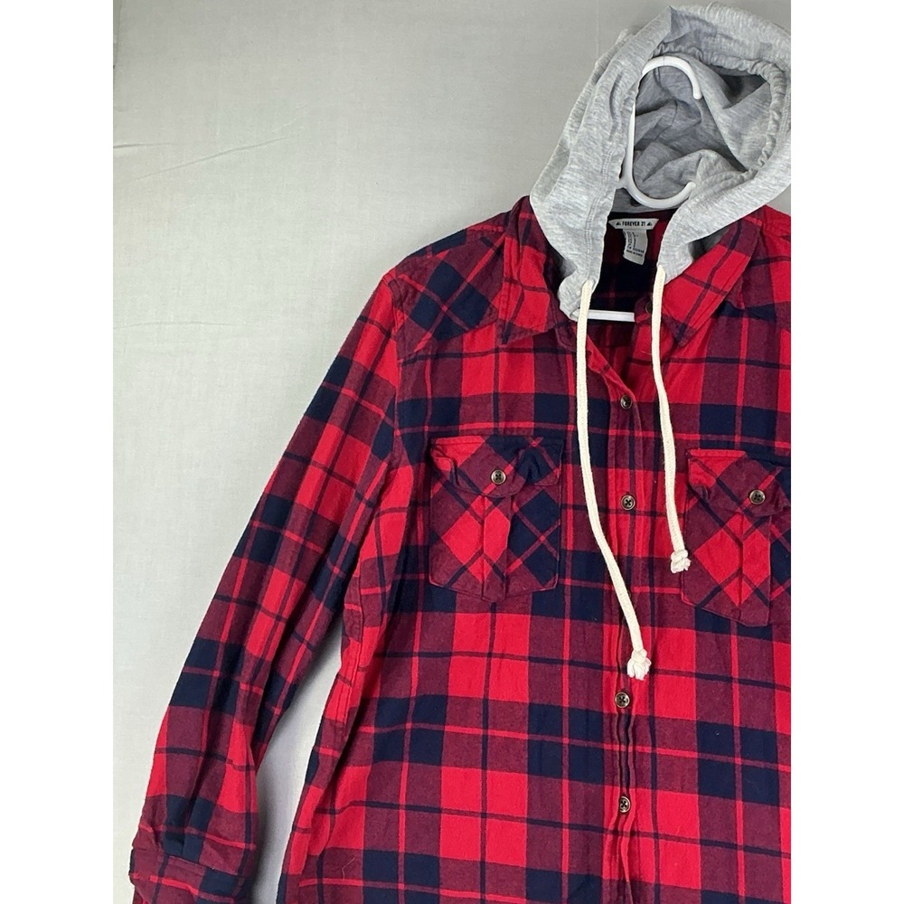 Forever 21 Red Plaid Hooded Flannel Shirt Jacket Womens Small